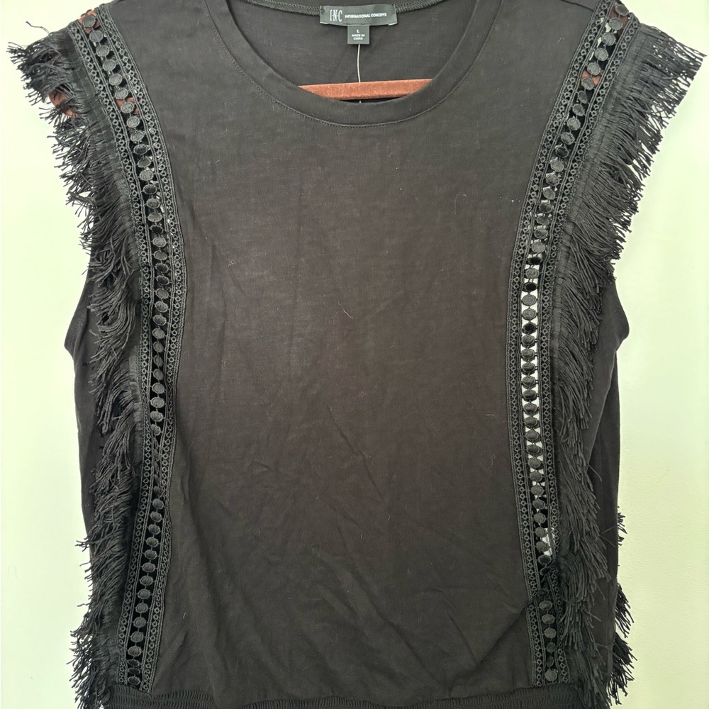 INC International Concepts Black Fringe Muscle Tee